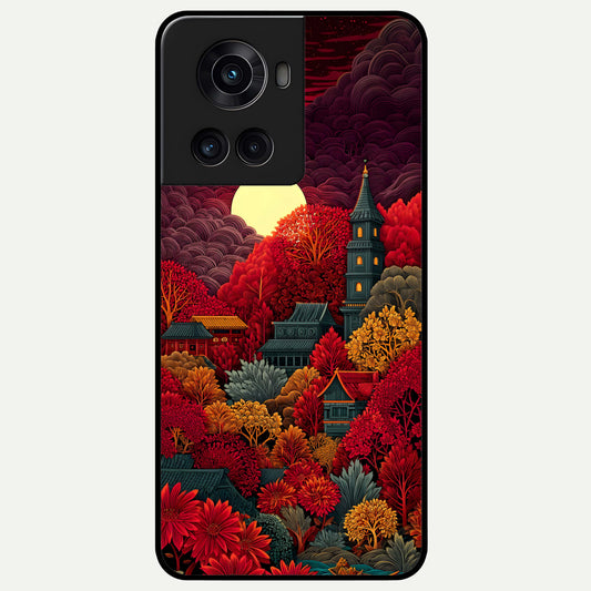  Scarlet Autumn Temple Glass Case For OnePlus 10R back cover – full design glossy printed glass finish
