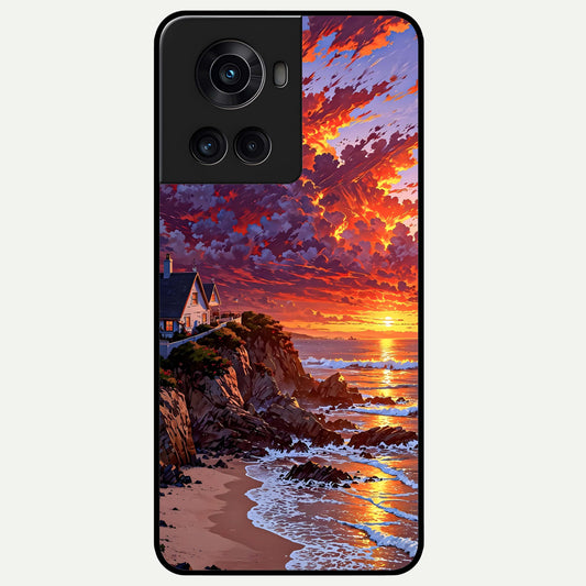  Sunset House By Sea Glass Case For OnePlus 10R back cover – full design glossy printed glass finish