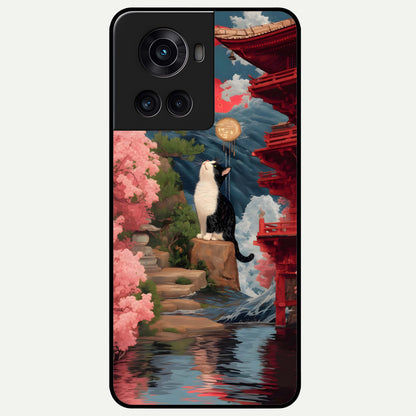  Temple Cat Scenery Glass Case For OnePlus 10R back cover – full design glossy printed glass finish