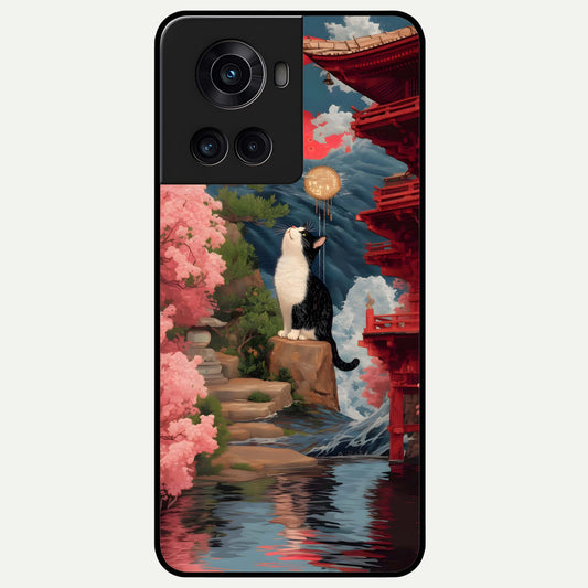  Temple Cat Scenery Glass Case For OnePlus 10R back cover – full design glossy printed glass finish