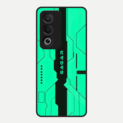  Aqua Tech CYBERPUNK Custom Name Glass Case For Oppo A3 Pro 5G back cover – full design glossy printed glass finish