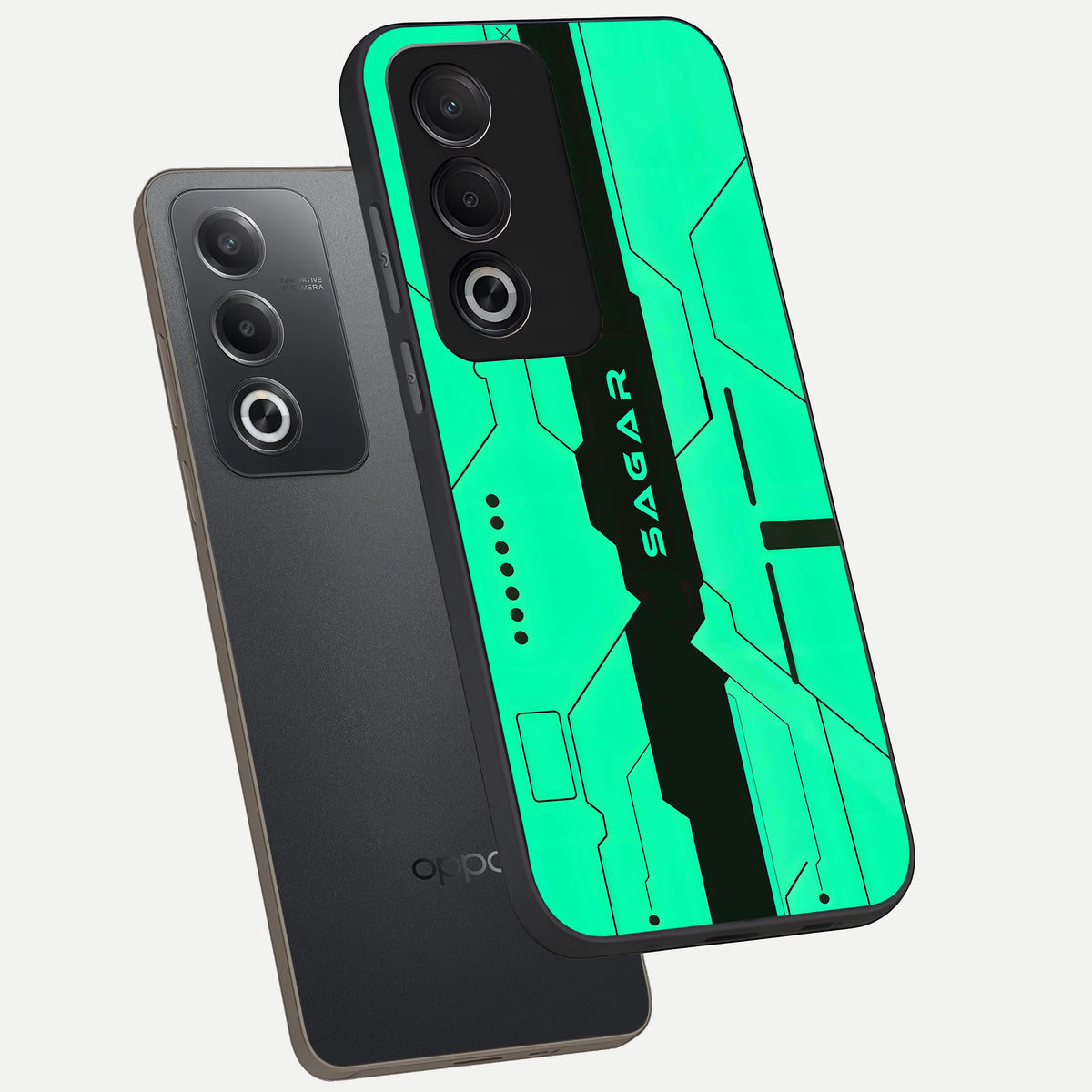  Aqua Tech CYBERPUNK Custom Name phone case For Oppo A3 Pro 5G showing premium glass back cover with detailed artwork