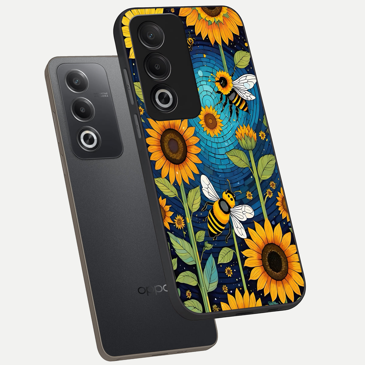  Bees And Sunflowers phone case For Oppo A3 Pro 5G showing premium glass back cover with detailed artwork