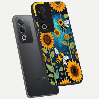  Bees And Sunflowers phone case For Oppo A3 Pro 5G showing premium glass back cover with detailed artwork