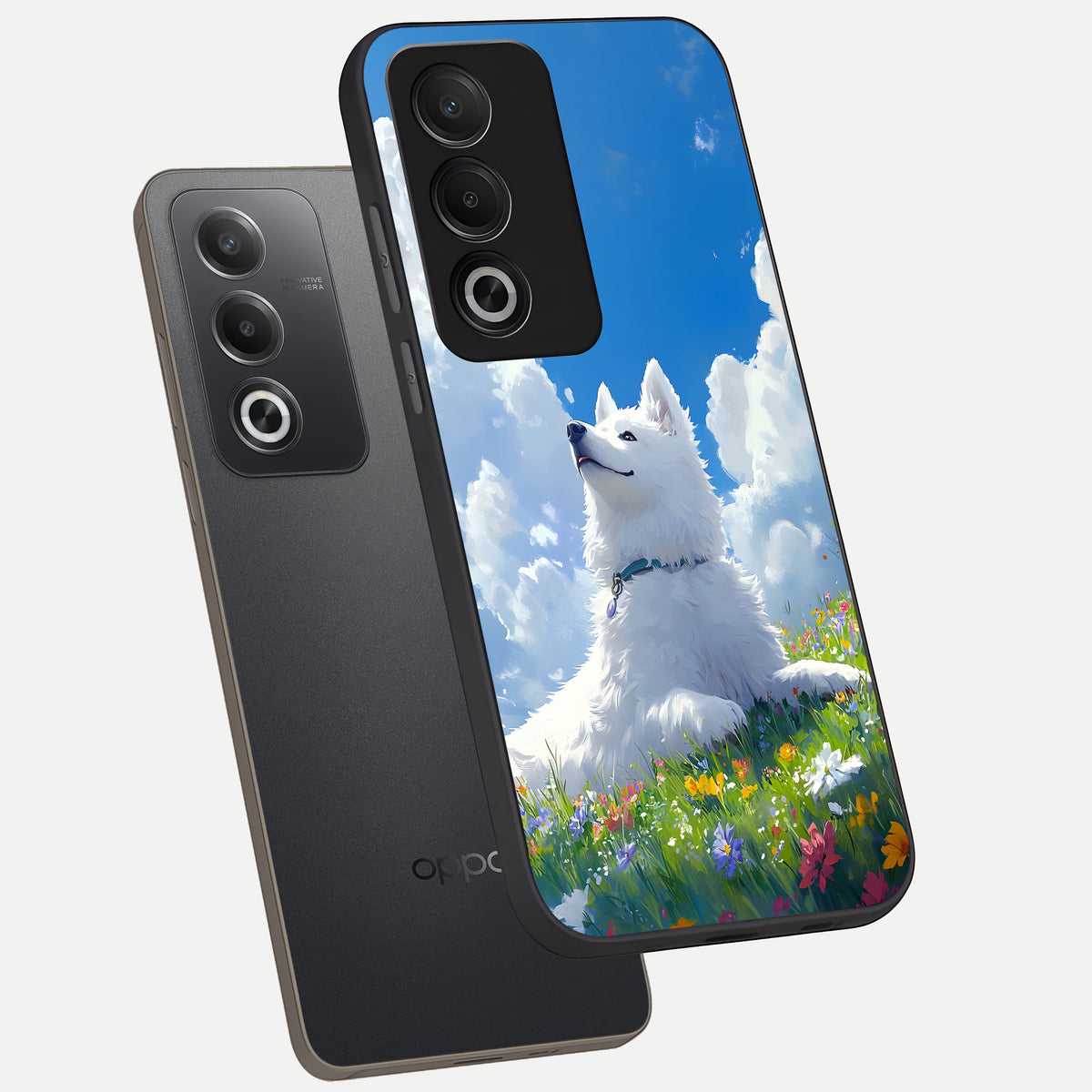 Blissful Cloud Pup phone case For Oppo A3 Pro 5G showing premium glass back cover with detailed artwork