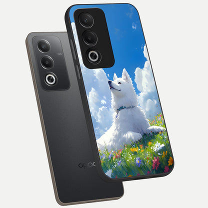  Blissful Cloud Pup phone case For Oppo A3 Pro 5G showing premium glass back cover with detailed artwork