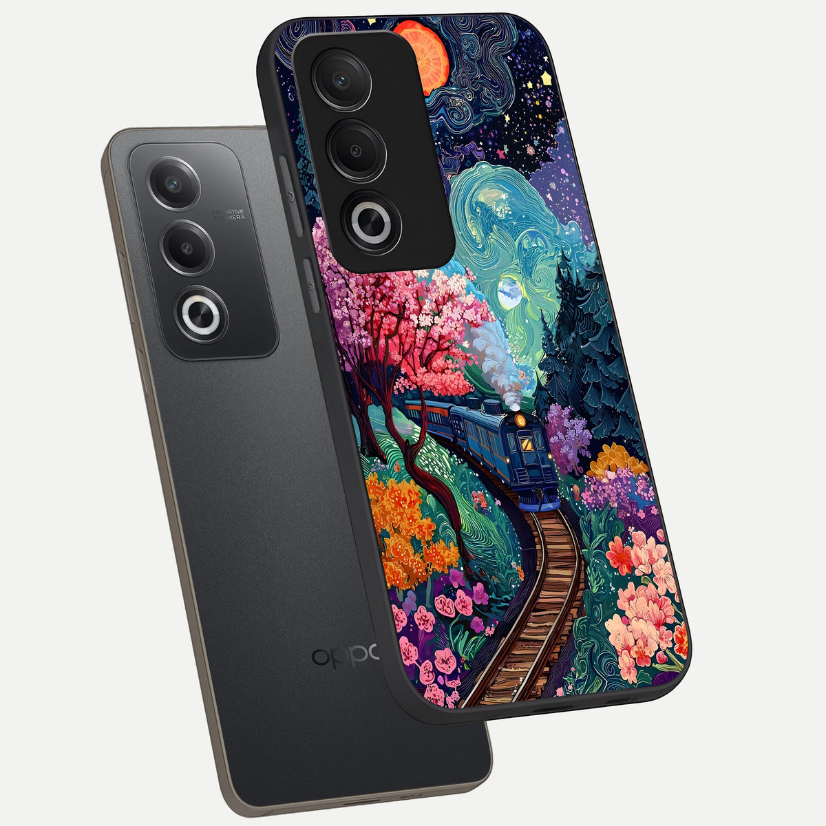  Celestial Train Journey phone case For Oppo A3 Pro 5G showing premium glass back cover with detailed artwork