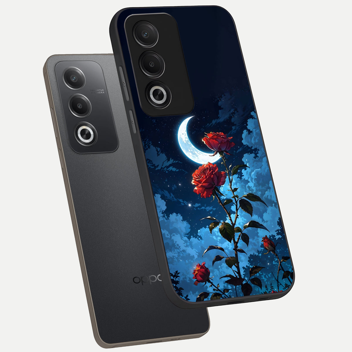 Crimson Rose Moon phone case For Oppo A3 Pro 5G showing premium glass back cover with detailed artwork