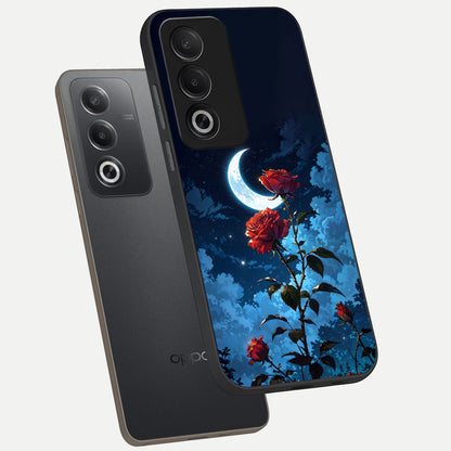  Crimson Rose Moon phone case For Oppo A3 Pro 5G showing premium glass back cover with detailed artwork