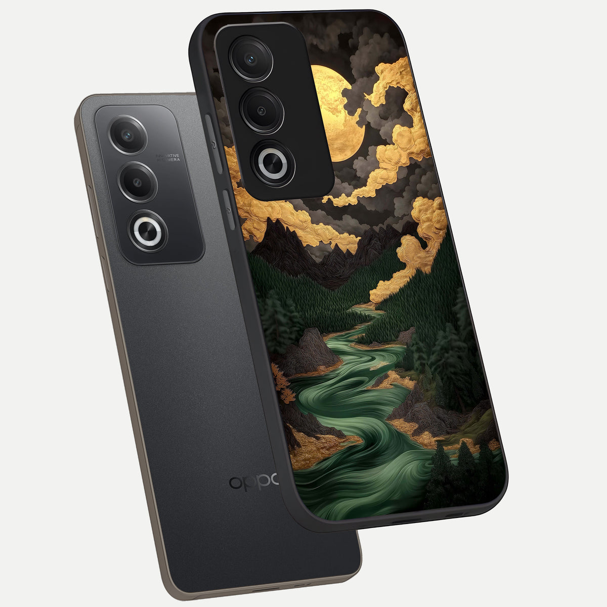  Golden River Moon phone case For Oppo A3 Pro 5G showing premium glass back cover with detailed artwork