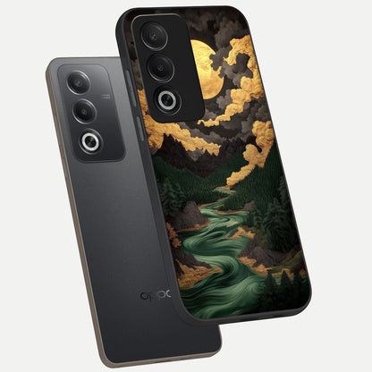  Golden River Moon phone case For Oppo A3 Pro 5G showing premium glass back cover with detailed artwork