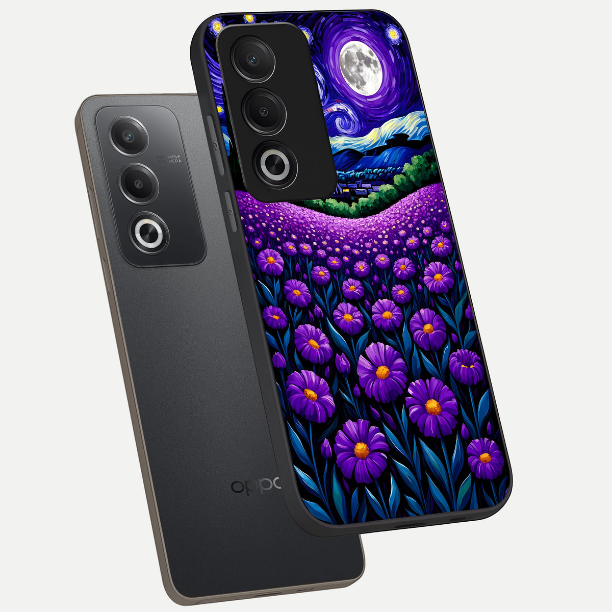  Lavender Moon Field phone case For Oppo A3 Pro 5G showing premium glass back cover with detailed artwork