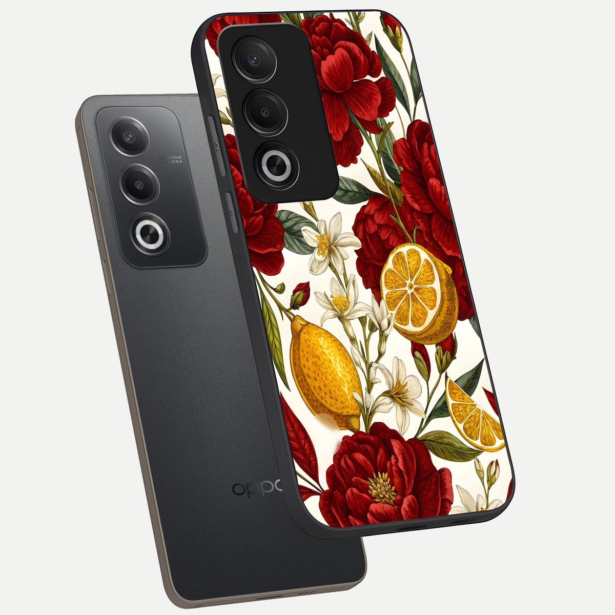  Lemon Rose Charm phone case For Oppo A3 Pro 5G showing premium glass back cover with detailed artwork