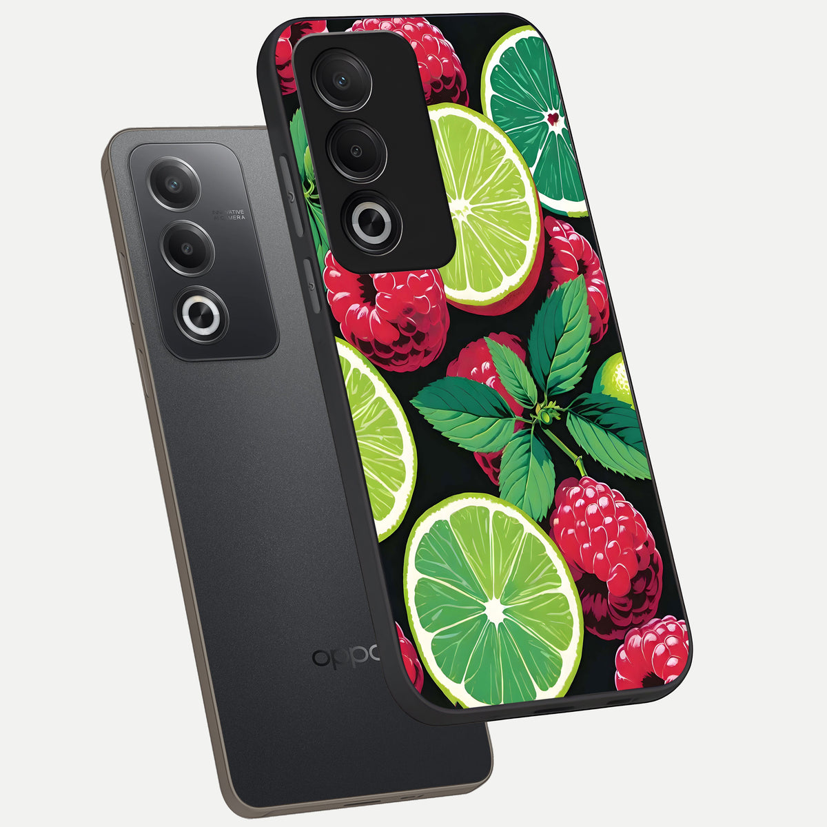 Lime and Raspberry Pattern phone case For Oppo A3 Pro 5G showing premium glass back cover with detailed artwork