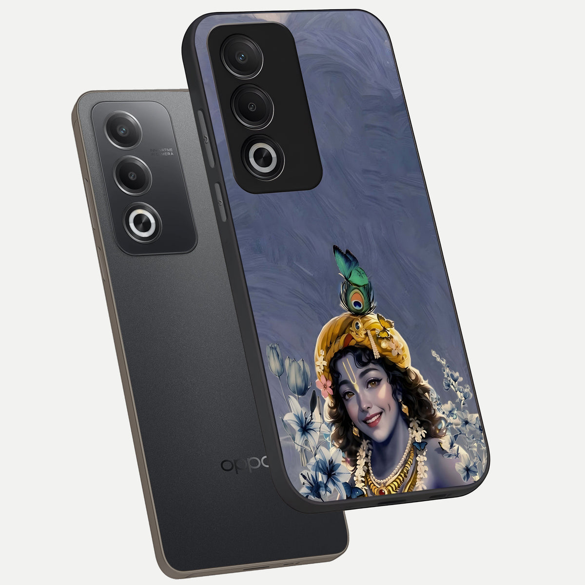  Lord Krishna phone case For Oppo A3 Pro 5G showing premium glass back cover with detailed artwork