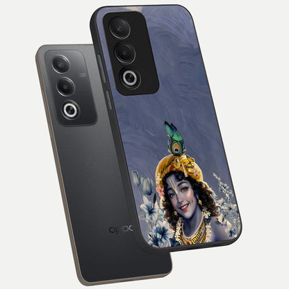  Lord Krishna phone case For Oppo A3 Pro 5G showing premium glass back cover with detailed artwork