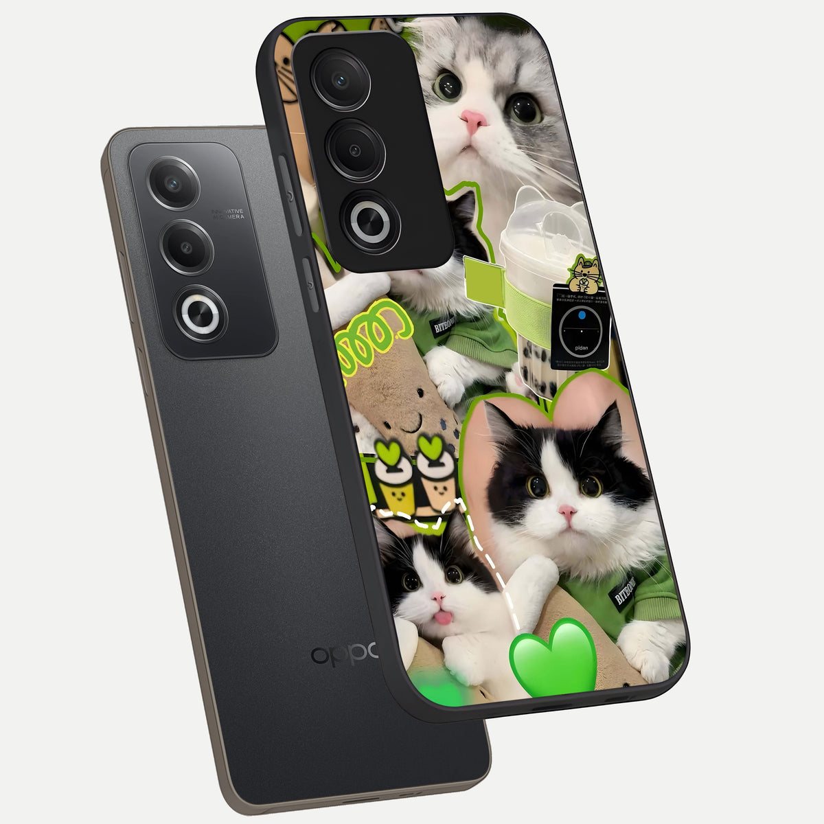  Matcha Cats Mood phone case For Oppo A3 Pro 5G showing premium glass back cover with detailed artwork