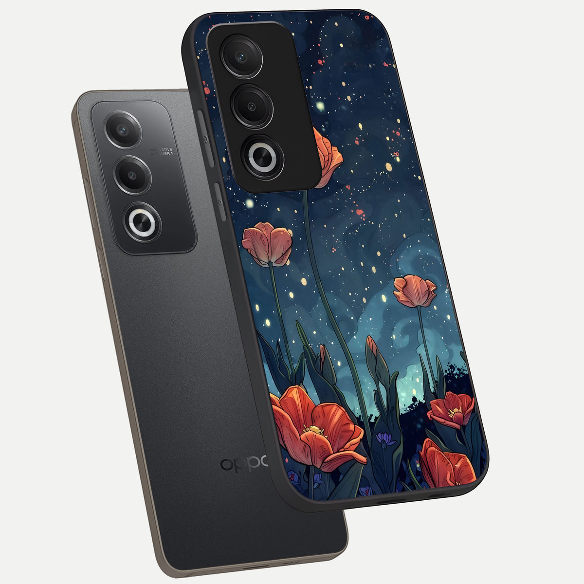  Midnight Tulip Glow phone case For Oppo A3 Pro 5G showing premium glass back cover with detailed artwork