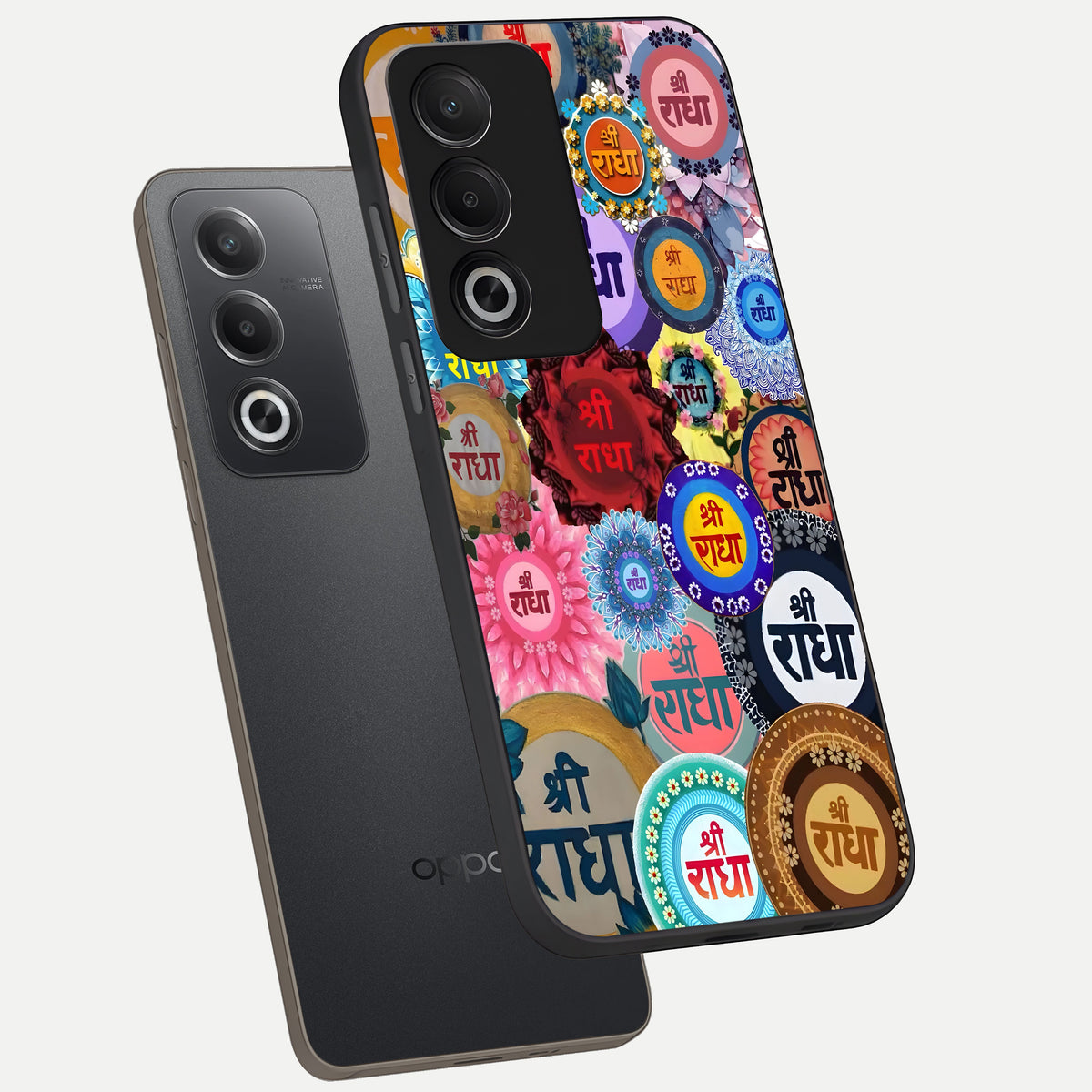  Radha Divine Bloom phone case For Oppo A3 Pro 5G showing premium glass back cover with detailed artwork