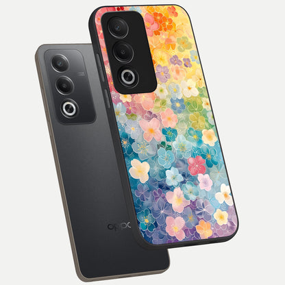  Rainbow Blossom Burst phone case For Oppo A3 Pro 5G showing premium glass back cover with detailed artwork