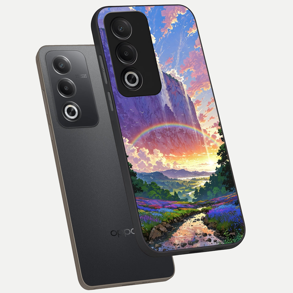 Rainbow Valley Dream phone case For Oppo A3 Pro 5G showing premium glass back cover with detailed artwork