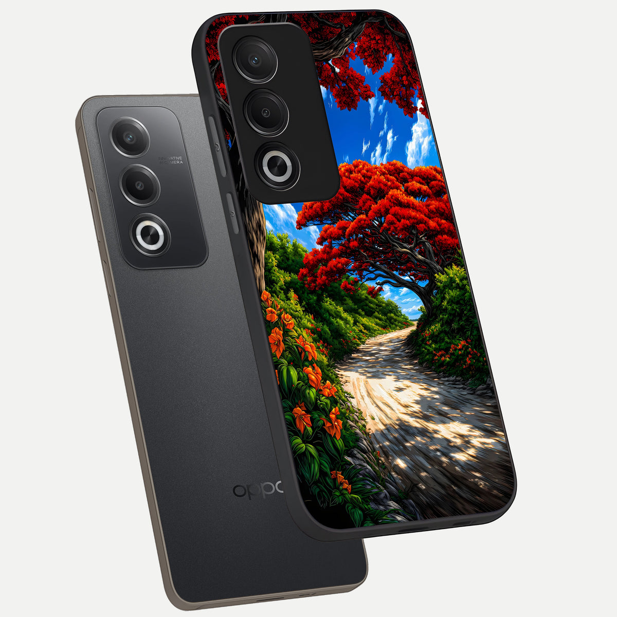  Red Trees Pathway phone case For Oppo A3 Pro 5G showing premium glass back cover with detailed artwork