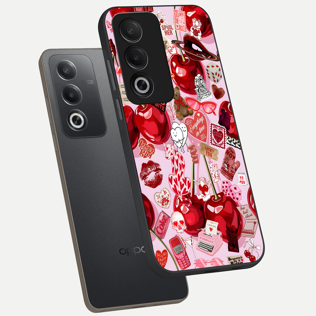  Sweet Cherry Chaos phone case For Oppo A3 Pro 5G showing premium glass back cover with detailed artwork