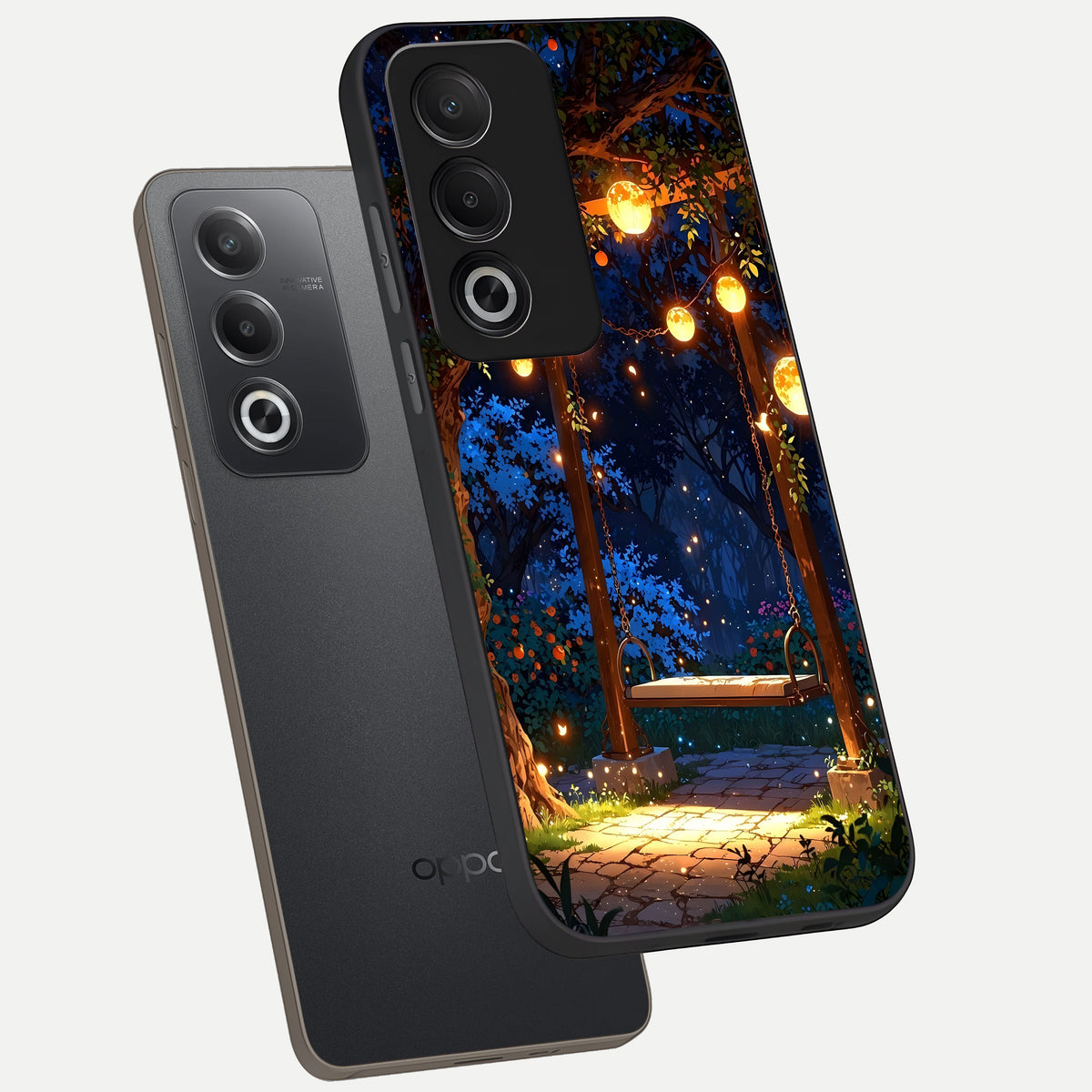  Twilight Garden Swing phone case For Oppo A3 Pro 5G showing premium glass back cover with detailed artwork