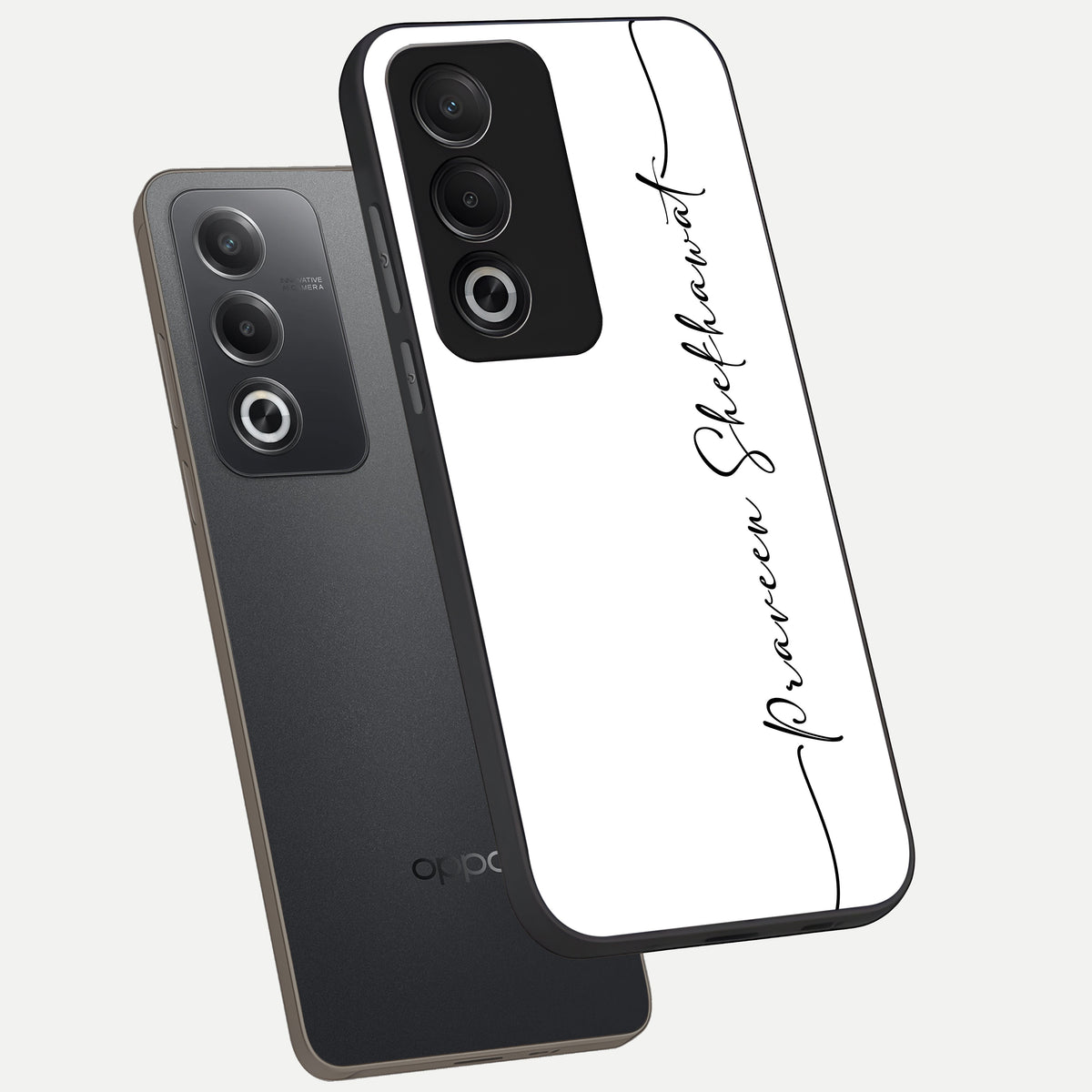  White Tune Custom Name phone case For Oppo A3 Pro 5G showing premium custom name glass back cover