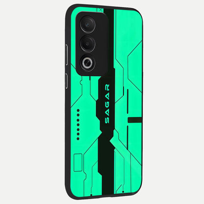  Aqua Tech CYBERPUNK Custom Name back cover For Oppo A3 Pro 5G slim fit glass case with vibrant aesthetic design