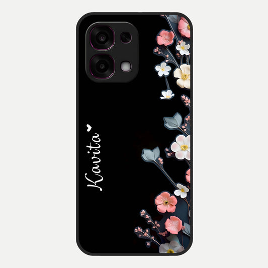  Black Elegance Floral Custom Name Glass Case For Oppo F31 5G back cover – full design glossy printed glass finish