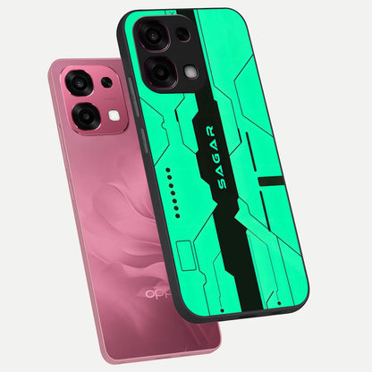  Aqua Tech CYBERPUNK Custom Name phone case For Oppo F31 5G showing premium glass back cover with detailed artwork