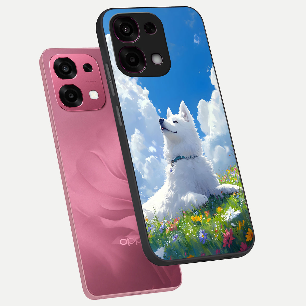  Blissful Cloud Pup phone case For Oppo F31 5G showing premium glass back cover with detailed artwork