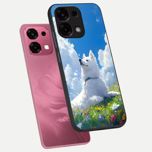  Blissful Cloud Pup phone case For Oppo F31 5G showing premium glass back cover with detailed artwork