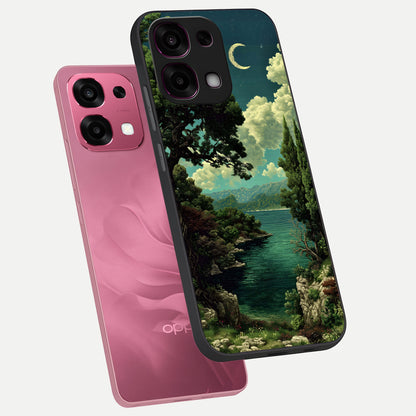  Celestial Lake Peace phone case For Oppo F31 5G showing premium glass back cover with detailed artwork