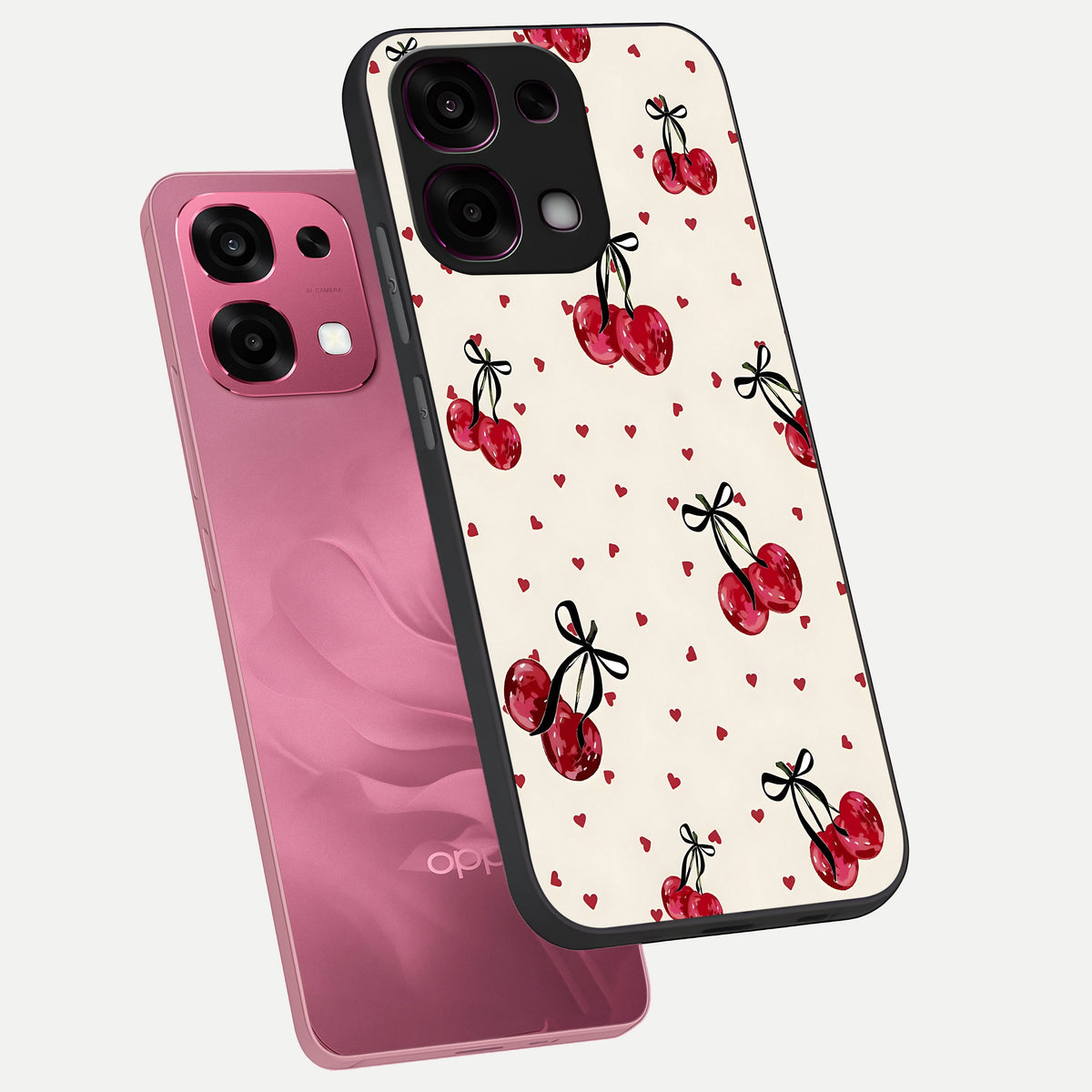  Cherry Heart Bow phone case For Oppo F31 5G showing premium glass back cover with detailed artwork