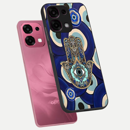  Hamsa Divine Guard phone case For Oppo F31 5G showing premium glass back cover with detailed artwork