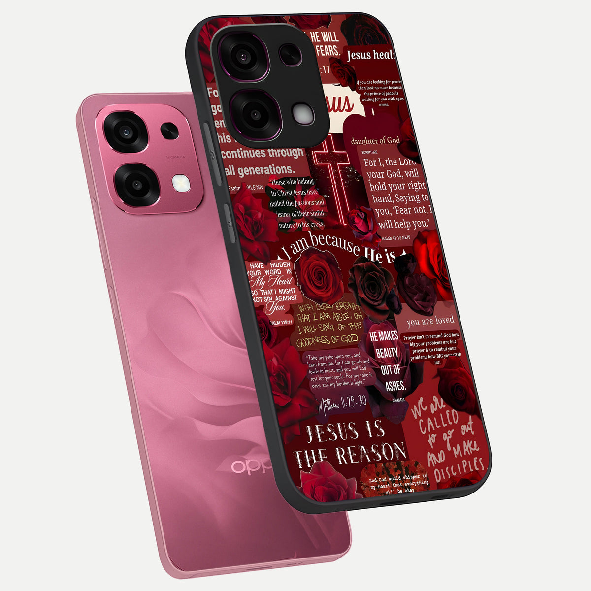  Jesus Love Heals phone case For Oppo F31 5G showing premium glass back cover with detailed artwork