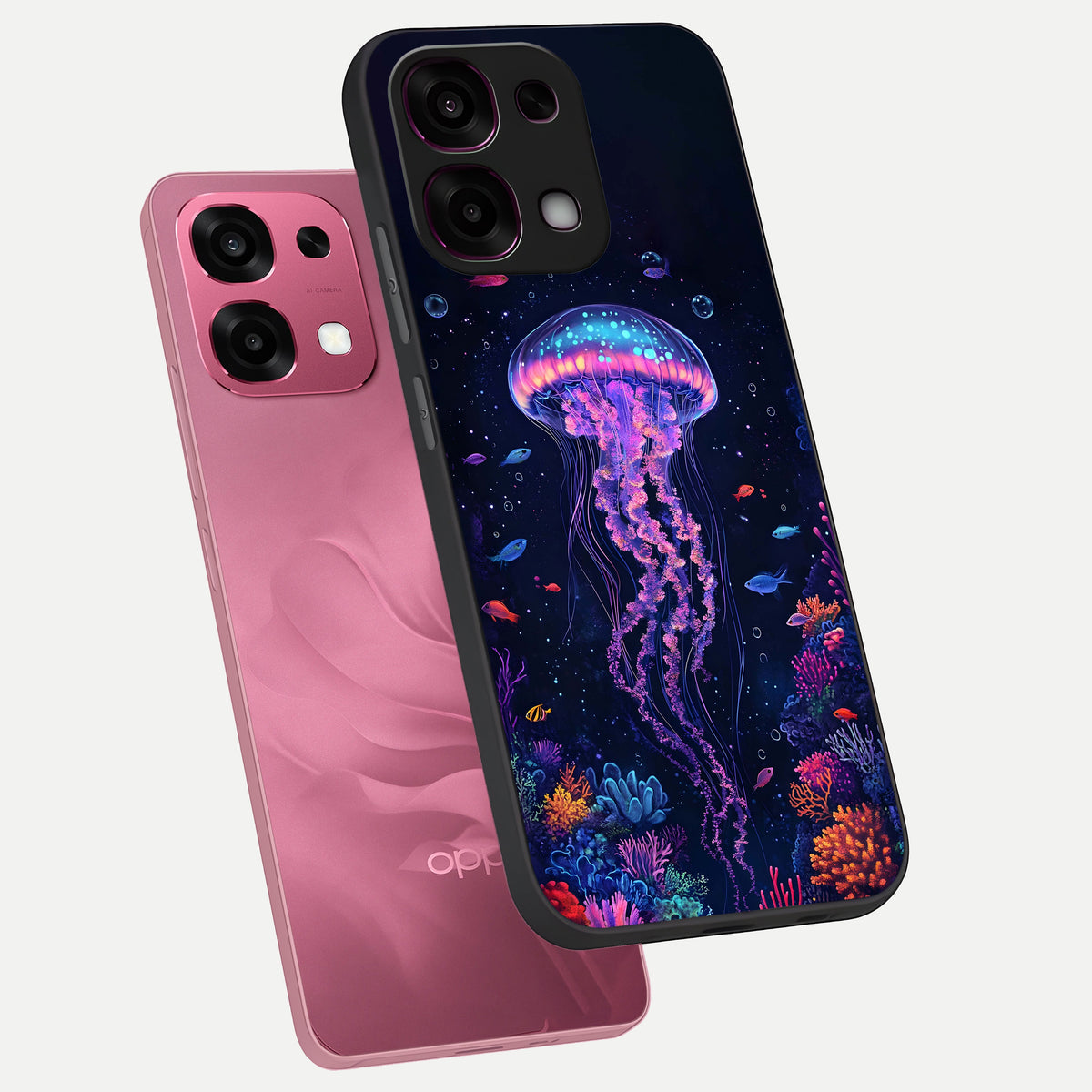  Neon Jellyfish phone case For Oppo F31 5G showing premium glass back cover with detailed artwork