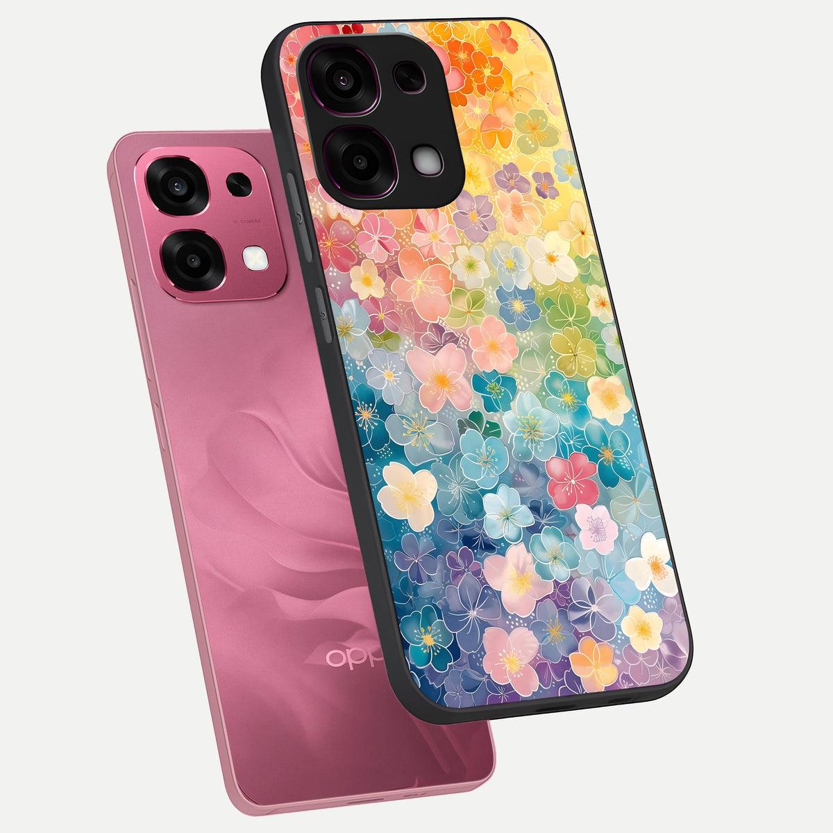  Rainbow Blossom Burst phone case For Oppo F31 5G showing premium glass back cover with detailed artwork