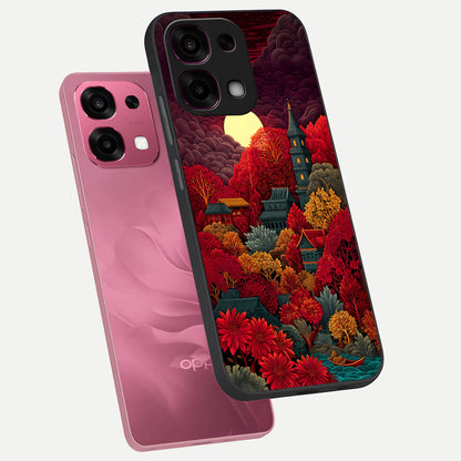  Scarlet Autumn Temple phone case For Oppo F31 5G showing premium glass back cover with detailed artwork