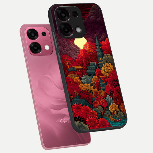  Scarlet Autumn Temple phone case For Oppo F31 5G showing premium glass back cover with detailed artwork