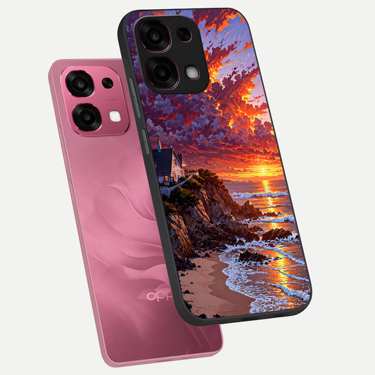  Sunset House By Sea phone case For Oppo F31 5G showing premium glass back cover with detailed artwork