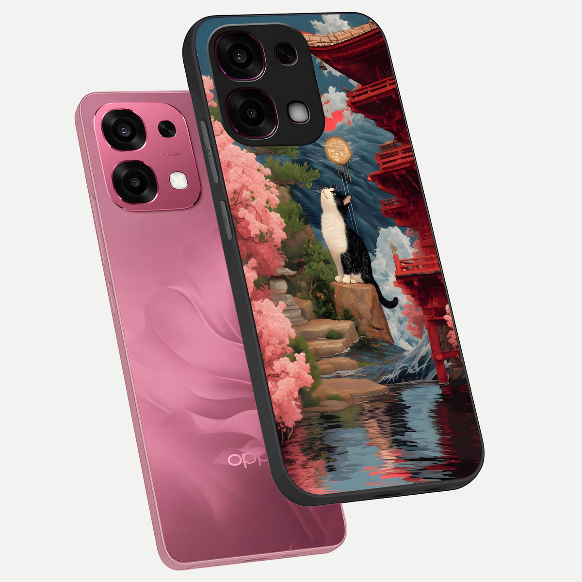  Temple Cat Scenery phone case For Oppo F31 5G showing premium glass back cover with detailed artwork