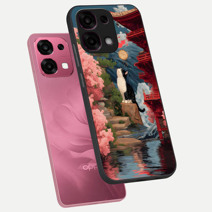  Temple Cat Scenery phone case For Oppo F31 5G showing premium glass back cover with detailed artwork
