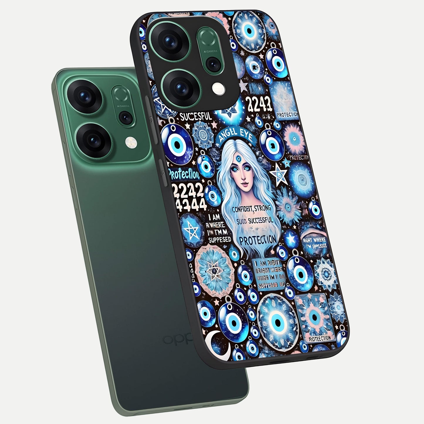  Angel Aura Shield phone case For Oppo Reno 14 showing premium glass back cover with detailed artwork