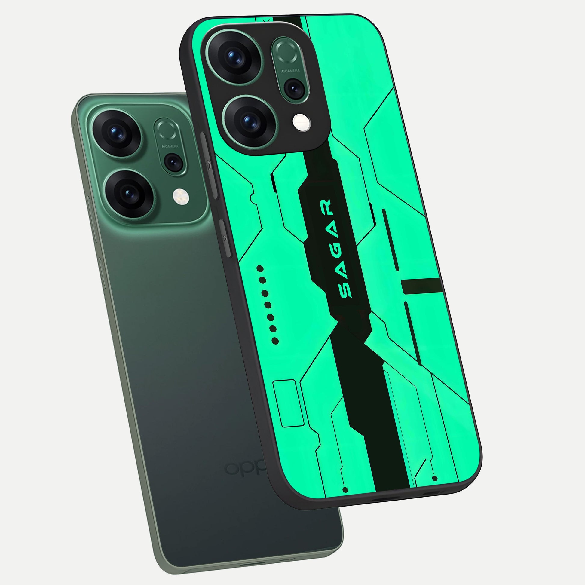  Aqua Tech CYBERPUNK Custom Name phone case For Oppo Reno 14 showing premium glass back cover with detailed artwork