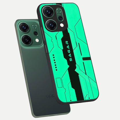  Aqua Tech CYBERPUNK Custom Name phone case For Oppo Reno 14 showing premium glass back cover with detailed artwork