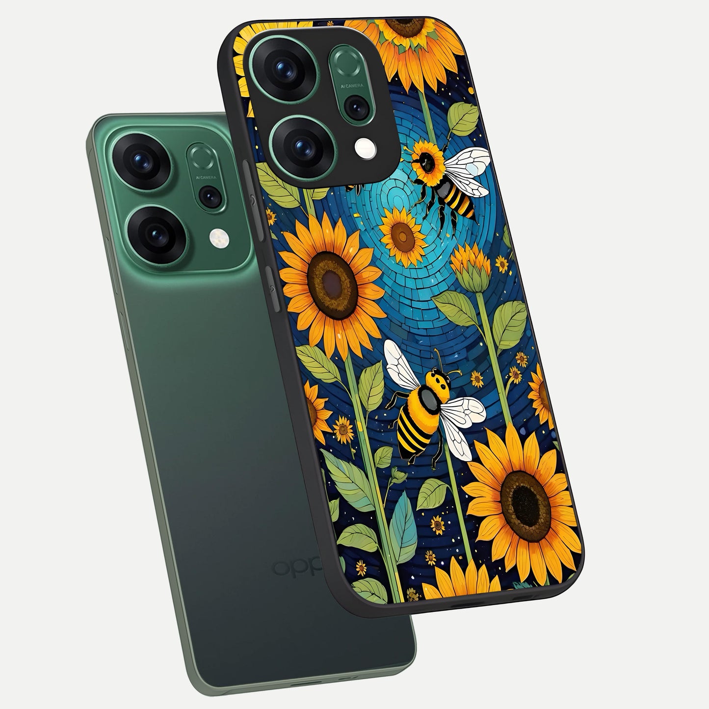  Bees And Sunflowers phone case For Oppo Reno 14 showing premium glass back cover with detailed artwork