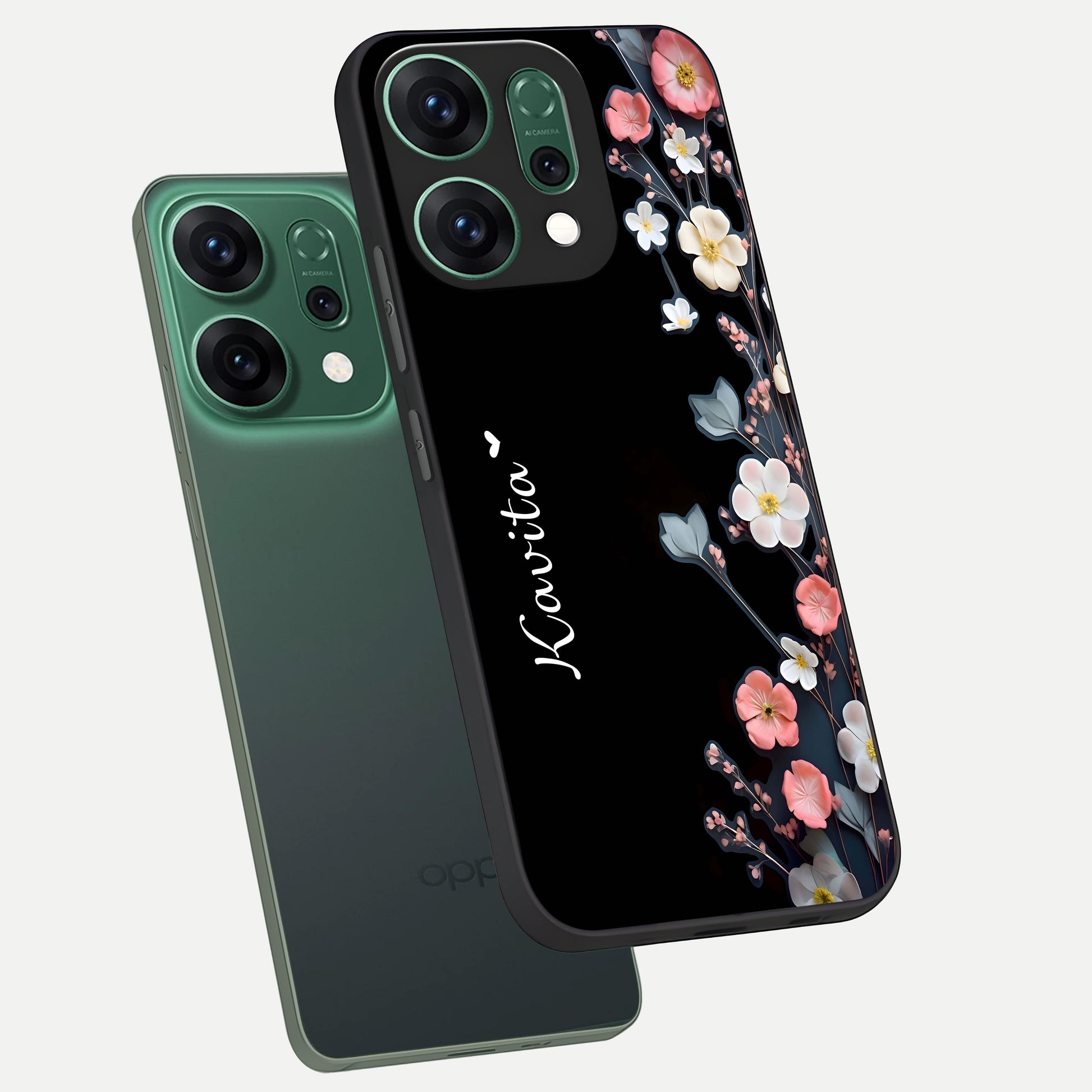  Black Elegance Floral Custom Name phone case For Oppo Reno 14 showing premium glass back cover with detailed artwork